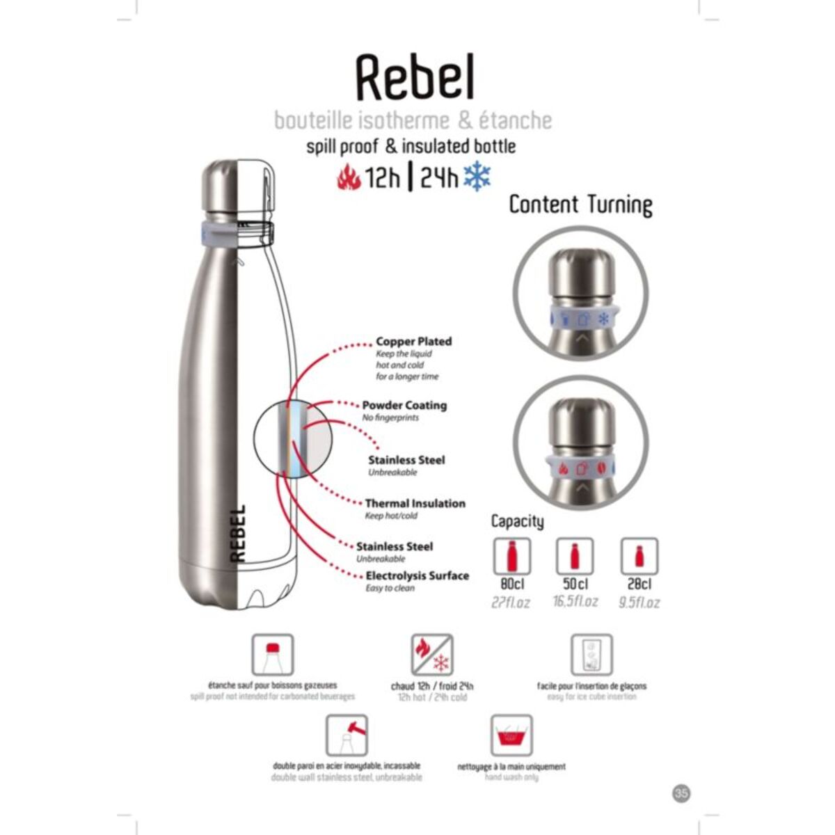 Bouteille isotherme LES ARTISTES Rebel metallic argent 80cl A-2004