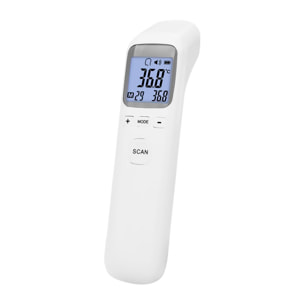 Termómetro frontal infrarrojo CK-T1803 con medición rápida en 0,5 segundos y alta precisión. Modos de temperatura corporal y de superficies con pantalla LCD, memoria de registros y apagado automático.