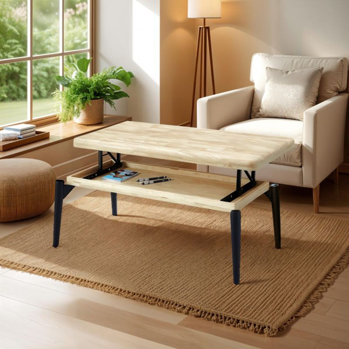 Mesa de centro elevable Padma Negro - Roble