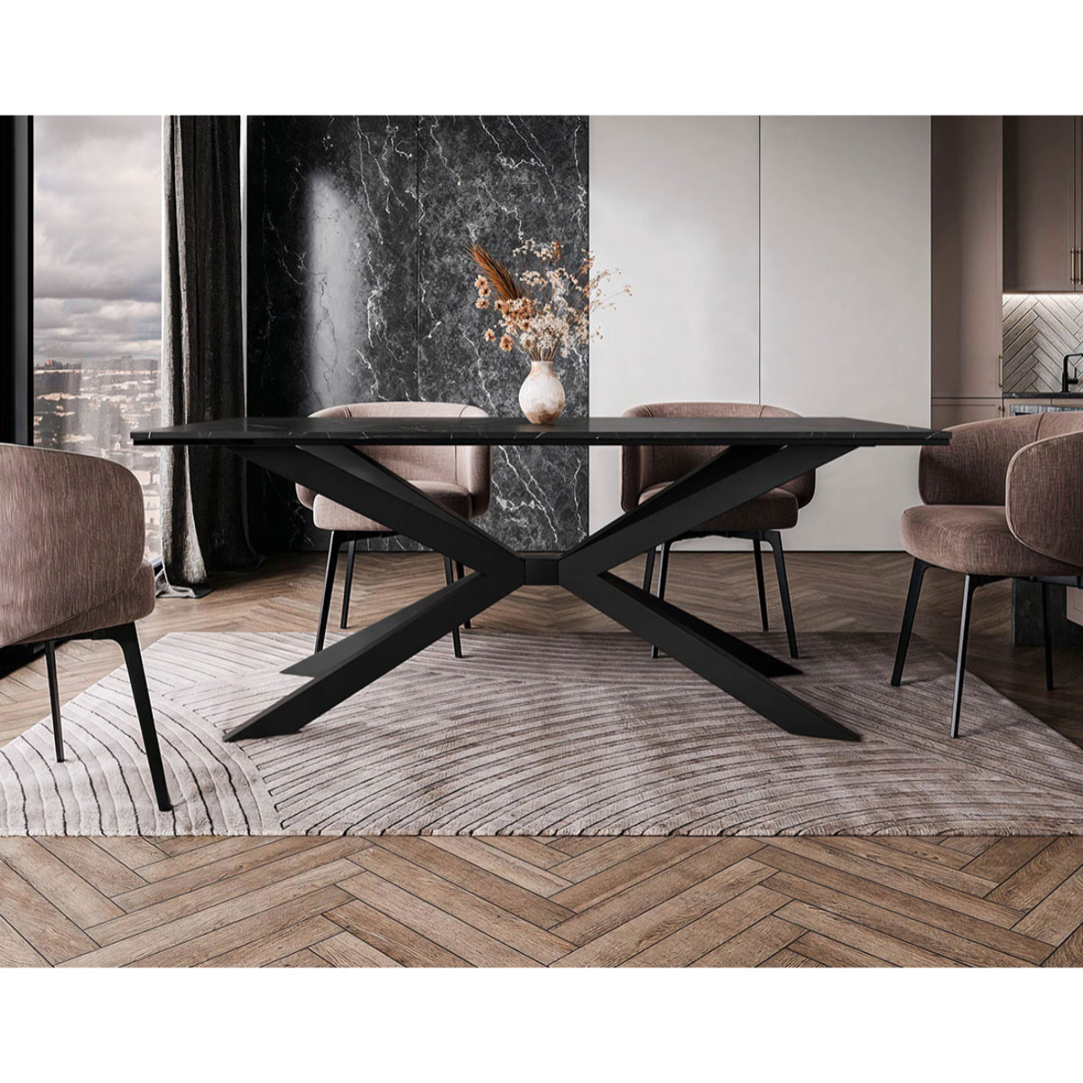 Casey - table à manger - plateau effet marbre - pieds en métal - 4 à 8 personnes - Noir