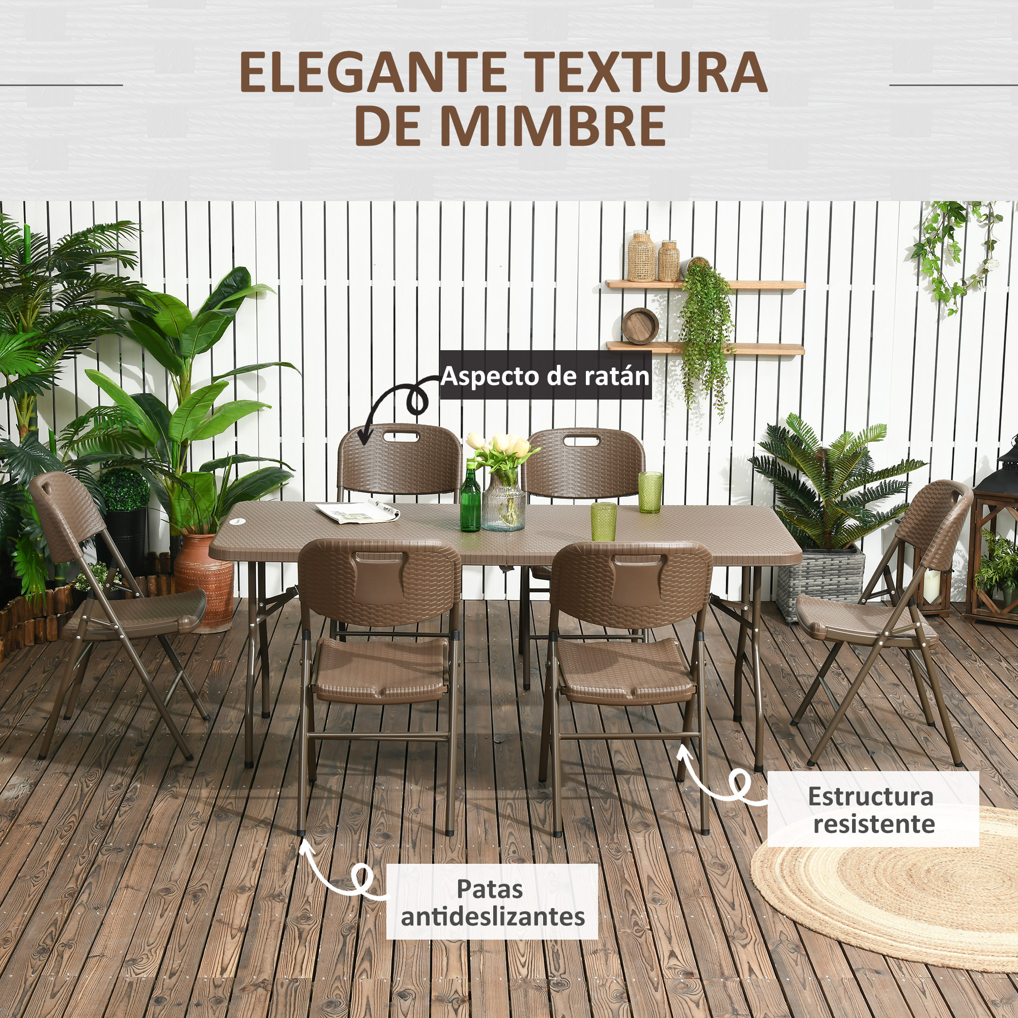 Conjunto de Mesa y 6 Sillas de Jardín Juego de Comedor de 7 Piezas Plegable Diseño de Imitación de Ratán con Marco de Acero para Playa Terraza Patio Marrón