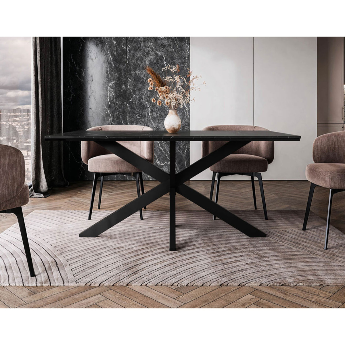 Tom - table à manger - plateau effet marbre - pieds en métal - 4 à 6 personnes - Noir