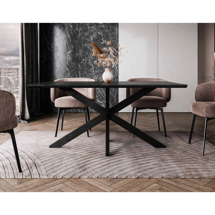Tom - table à manger - plateau effet marbre - pieds en métal - 4 à 6 personnes - Noir