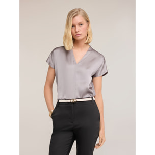 Motivi - T-shirt bimaterica con scollo a V - Grigio