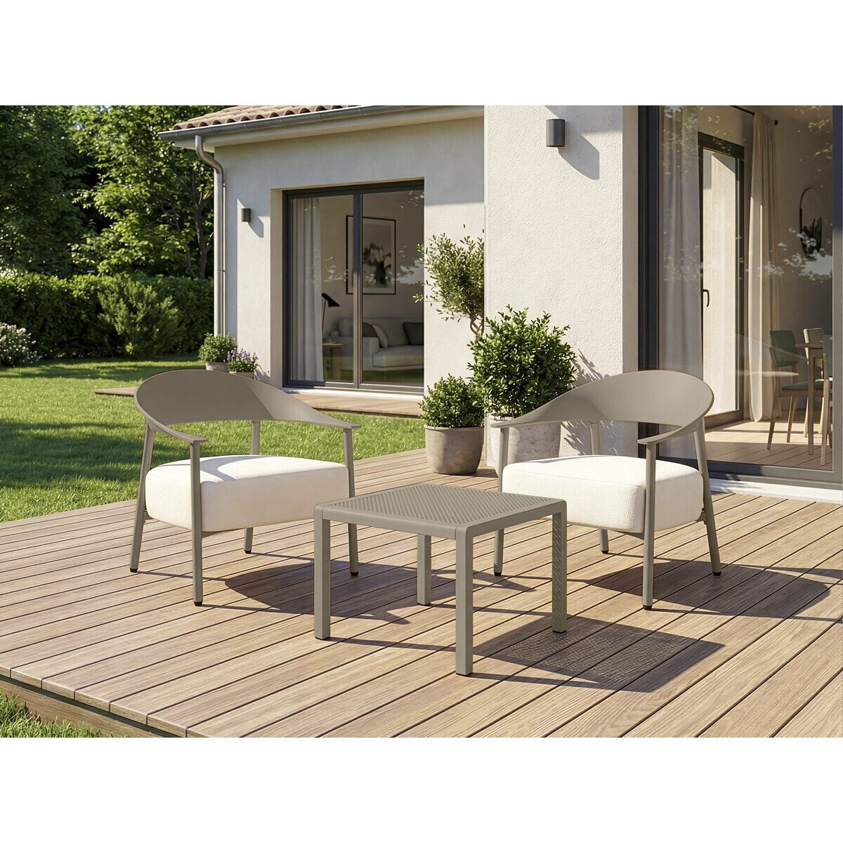 Lot de 2 fauteuils de jardin en plastique et métal "Céora" - Taupe