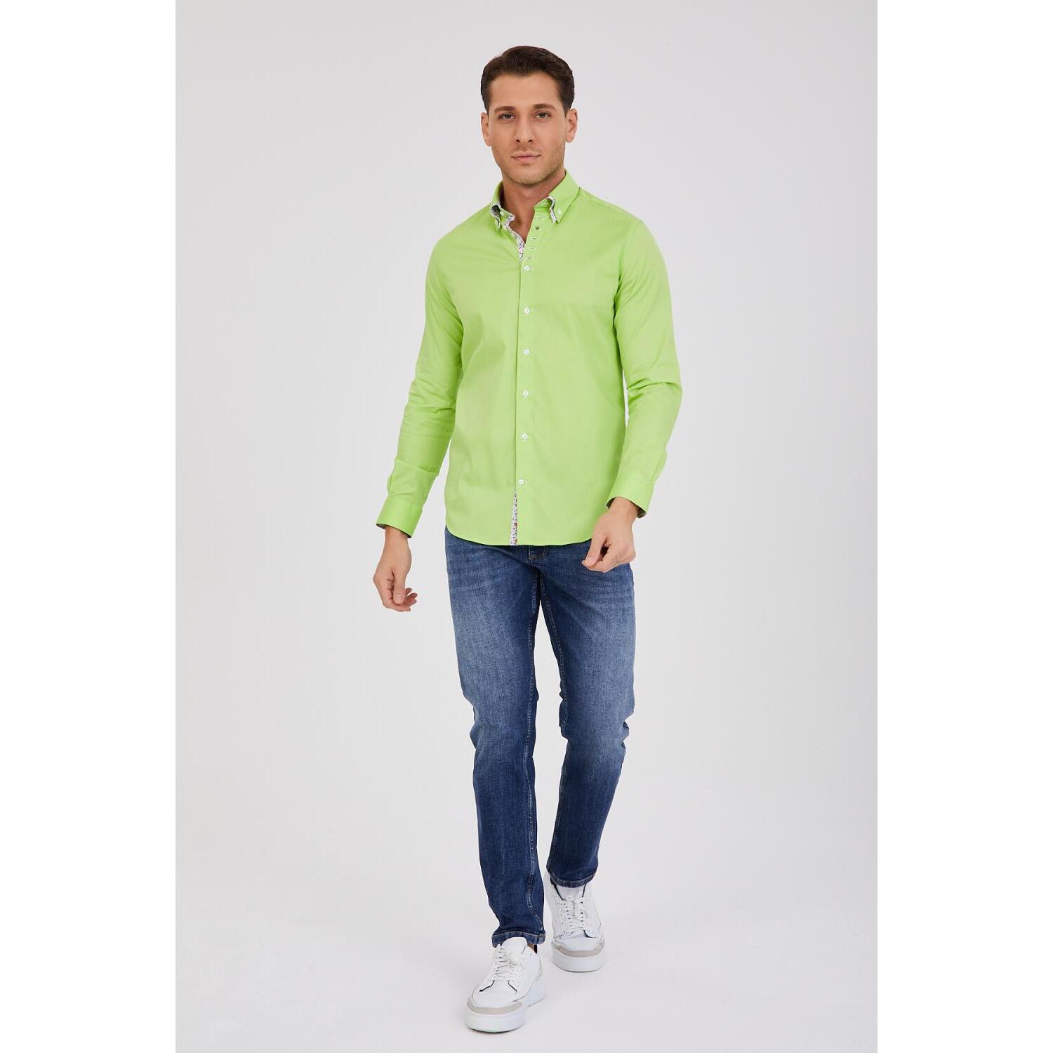 Camicia Uomo 1 Bottone Button Down Doppio Collo Piccolo Popeline Stretch Unito Verde Chiaro