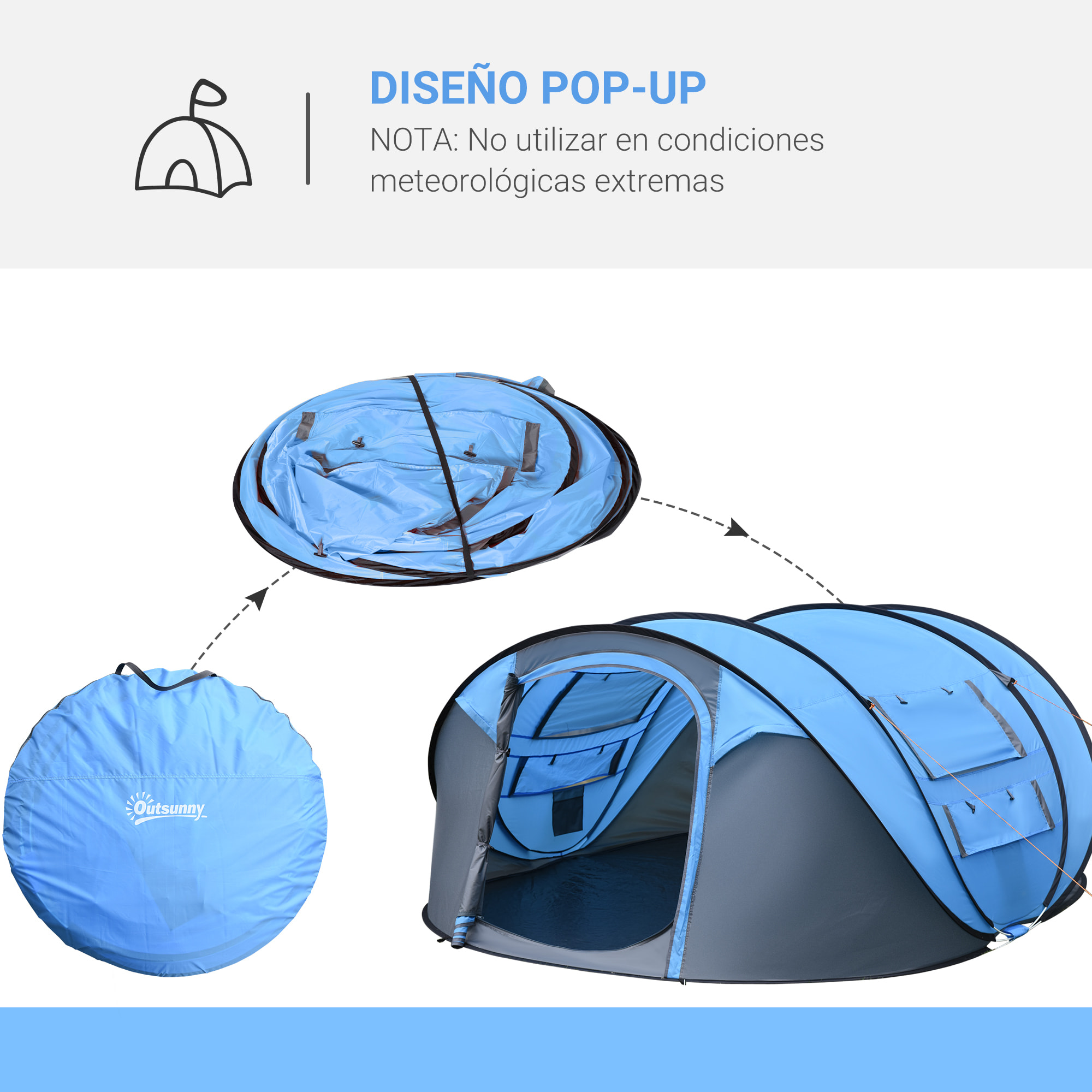 Tienda de Campaña Pop up para 4-5 Personas Tienda de Camping Instantánea con Ventanas Bolsillos y Bolsa de Transporte Impermeable Anti-UV 263,5x220x123 cm Azul