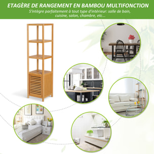 Meuble colonne rangement salle de bain bambou design naturel 36L x 33l x 140H cm 2 étagères 4 niveaux + placard