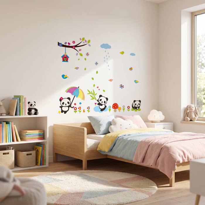 Stickers Muraux décoration adhésifs bébés pandas jouant sous la pluie