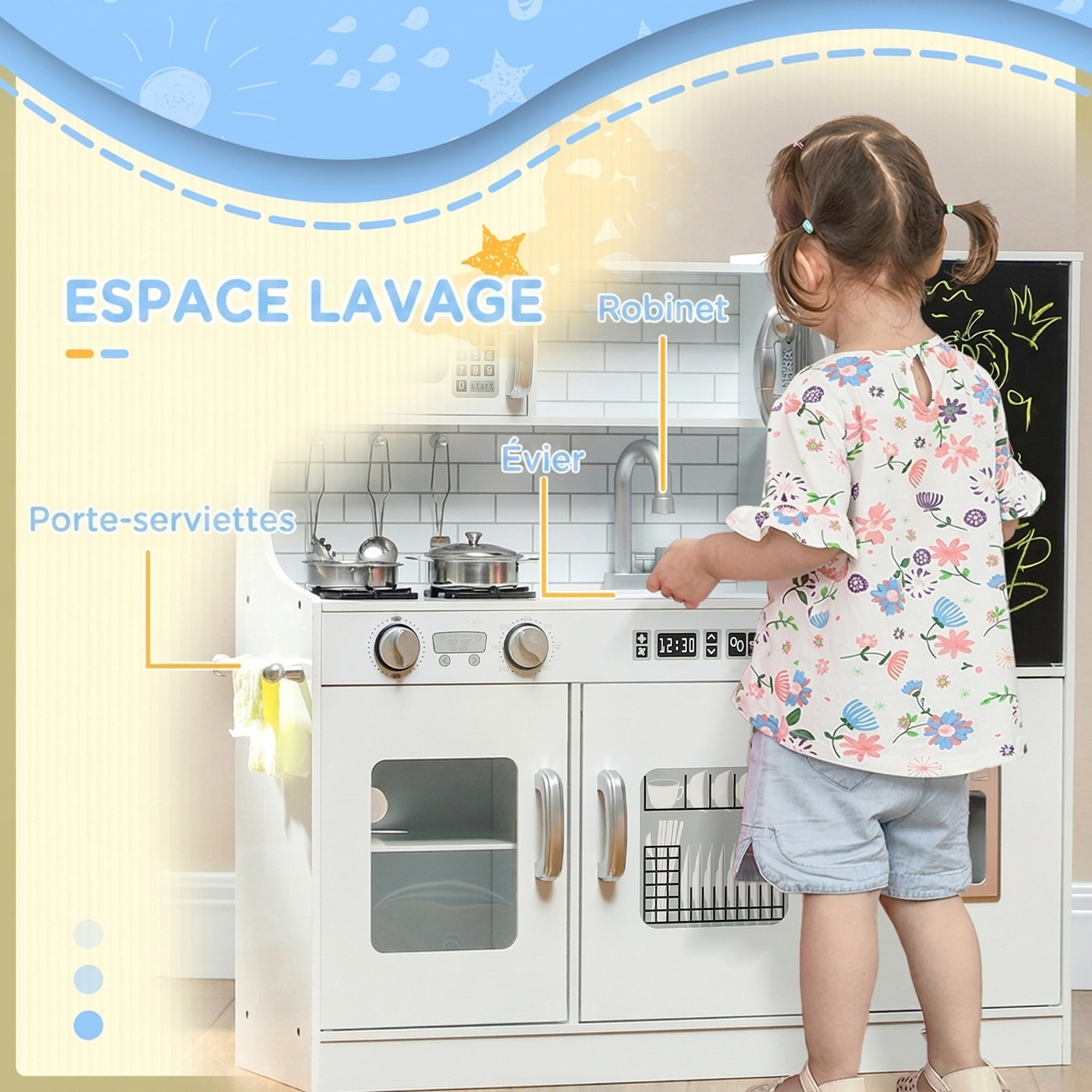 Cuisine enfant - jouet d'imitation cuisine multi-équipée - 5 accessoires acier inox - blanc
