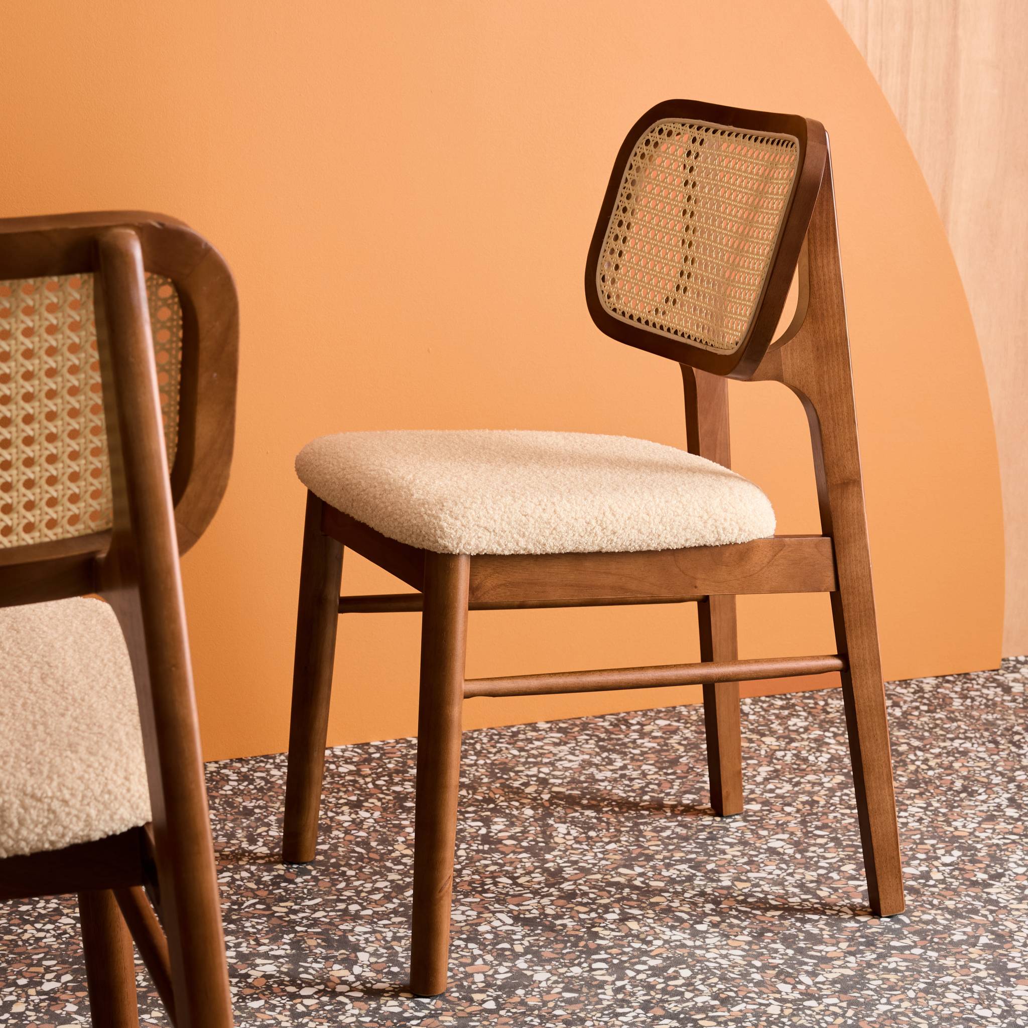 Chaise vintage bois d'hévéa cannage et bouclette (lot de 2) MANI
