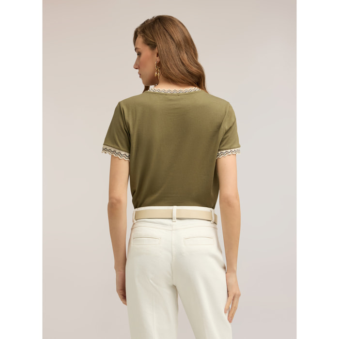Motivi - Camiseta con bordes de punto - Verde militare