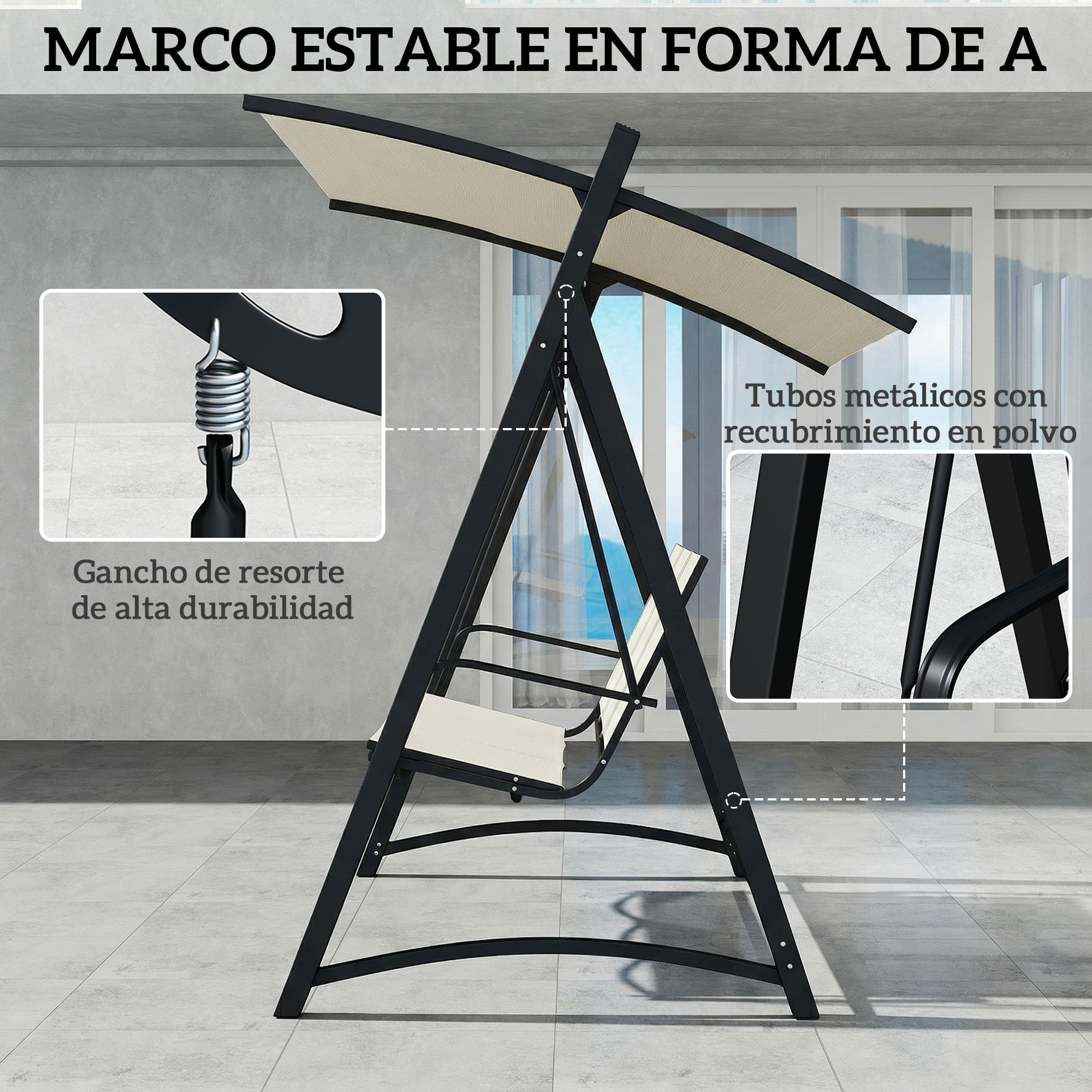 Columpio de Jardín de 3 Plazas, Balancín de Jardín Exterior con Techo Ajustable, UPF50+, Asiento Transpirable y Marco de Metal, para Patio, Terraza, Carga 360 kg, 188x130x183 cm, Blanco Crema