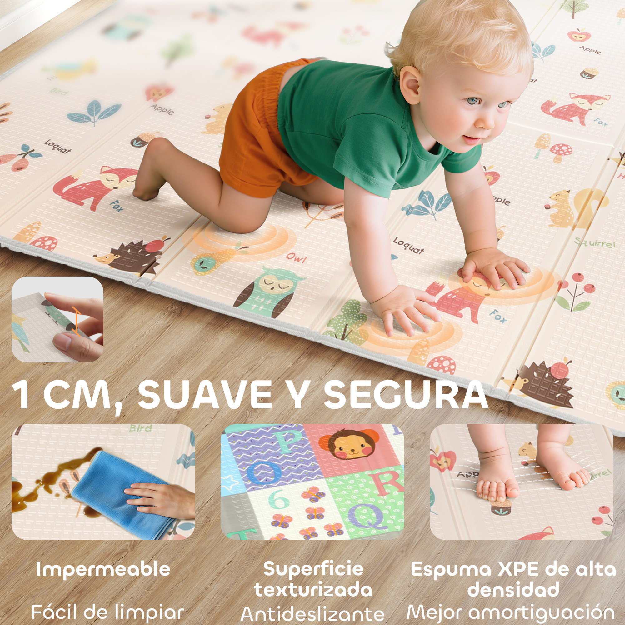 Alfombra Bebé Acolchada Plegable Reversible 150x180 cm, Tapete de Actividades Bebé XPE, Doble Cara Impermeable, con Bolsa de Transporte, Multicolor