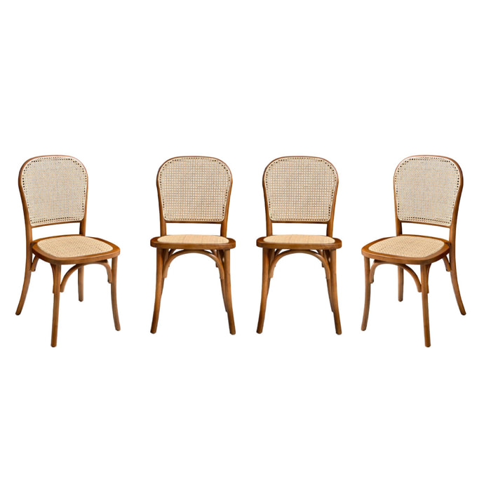 Lot de 4 chaises vintage en bois avec assise et dossier en rotin. coloris noyer. L 44.5 x P 48 x H 89.5cm