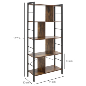 HOMCOM Estantería Librería de 4 Niveles con 8 Compartimentos de Almacenamiento Estilo Industrial para Sala de Estar Oficina Dormitorio 74x30x157,5 cm Marrón Rústico