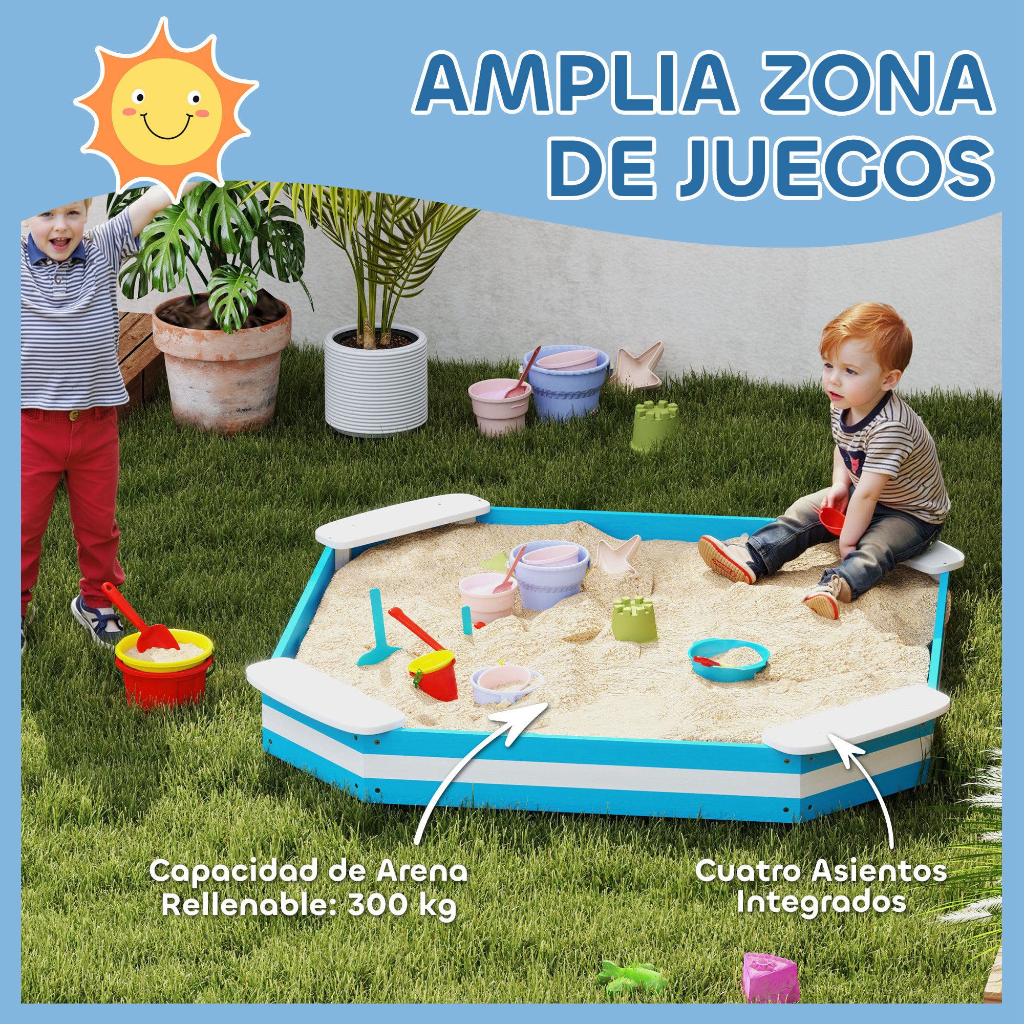 Arenero para Niños de +3 Años Arenero Infantil Cuadrada con 4 Asientos para Exterior 133x133x16 cm Azul y Blanco