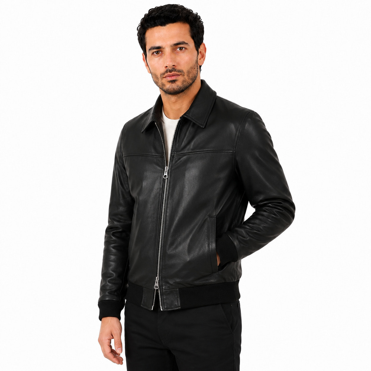 Giubbino in vera pelle di vitello Nero-Slim Fit