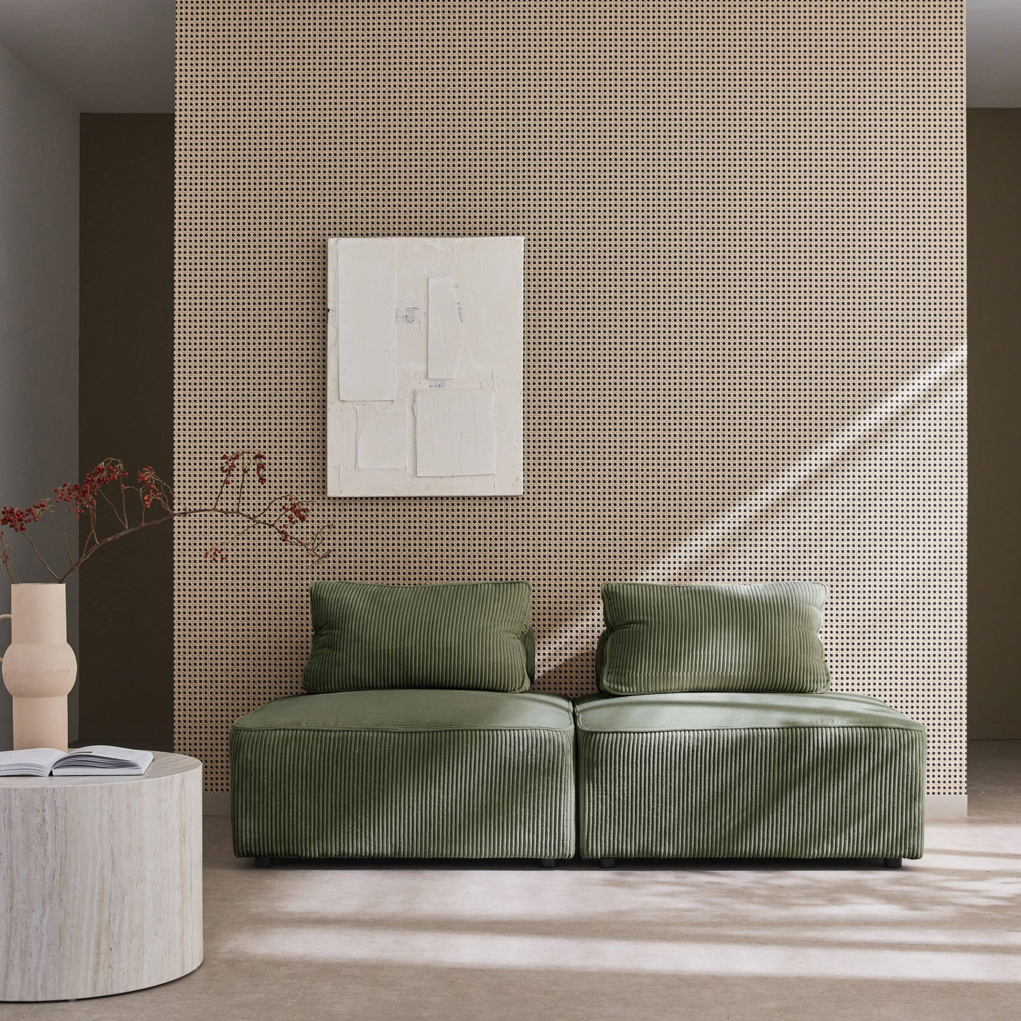 Lot de 2 chauffeuses  pour canapé modulable velours côtelé vert avec un coussin