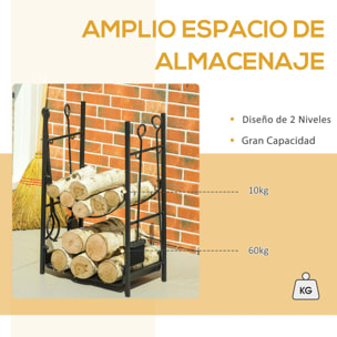 Leñero de 2 Niveles Metálico con 4 Herramientas para Chimenea 44,5x29,5x73 cm