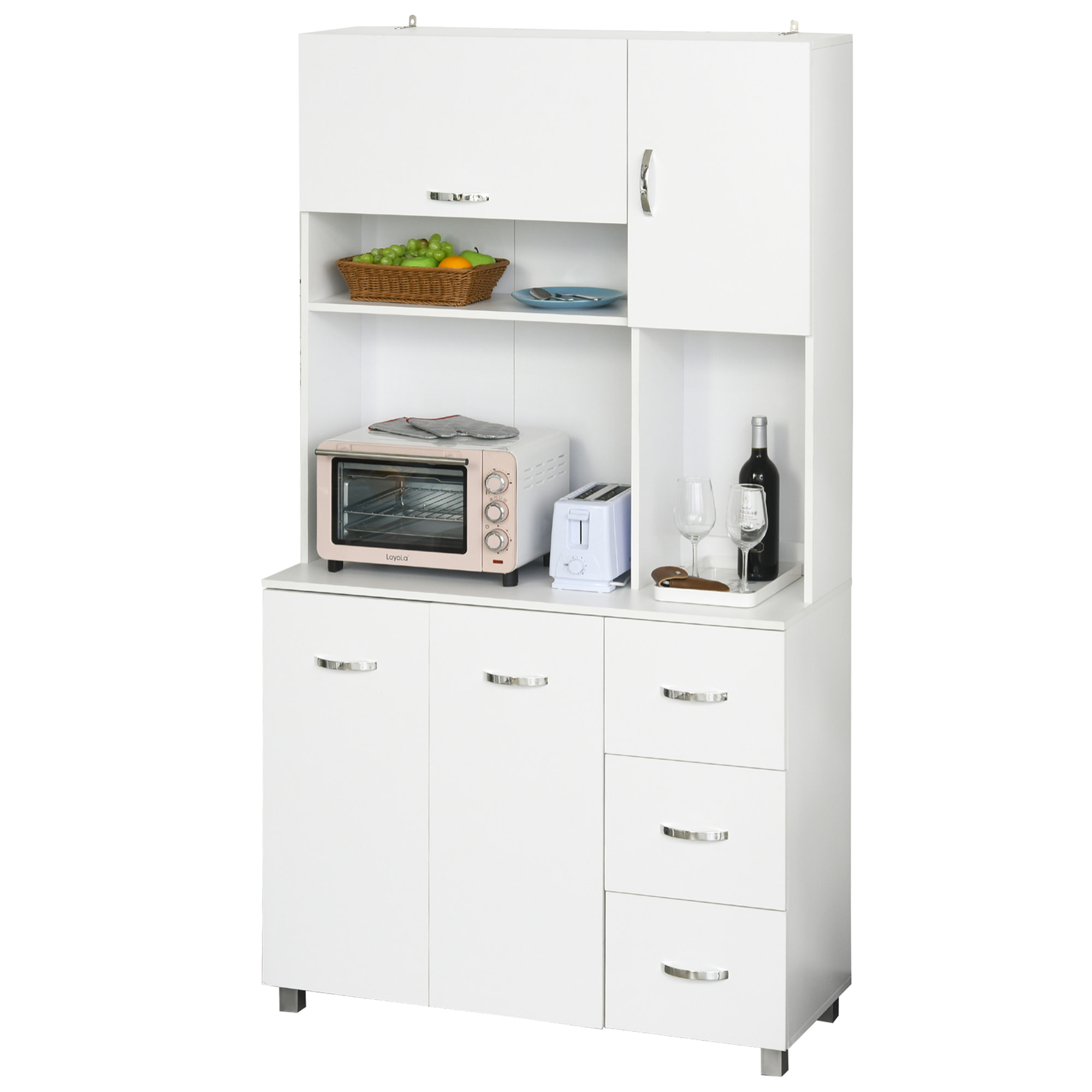 HOMCOM Armoire de cuisine multi-rangements 4 portes 3 tiroirs étagère + grand plateau 100L x 39l x 183H cm MDF blanc