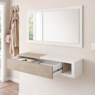 Mobile Maiorca Mobiletto da Ingresso Sospeso con Cassetto Mensola e Specchio Arredo Arredamento Sala 95 x 19 x 26 cm Bianco e Rovere Alaska