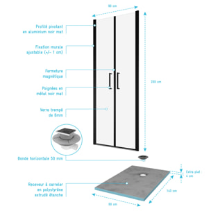 Pack Paroi de douche 90x200 cm + RECEVEUR DE DOUCHE A CARRELER 90x140 RECOUPABLE