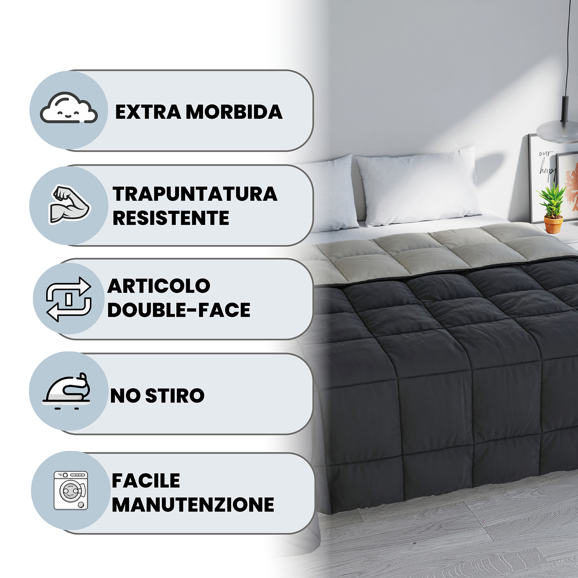 TRAPUNTA INVERNALE ELEGANT, 300gr, Microfibra, Doubleface, Made in Italy - FUMO/GRIGIO CHIARO