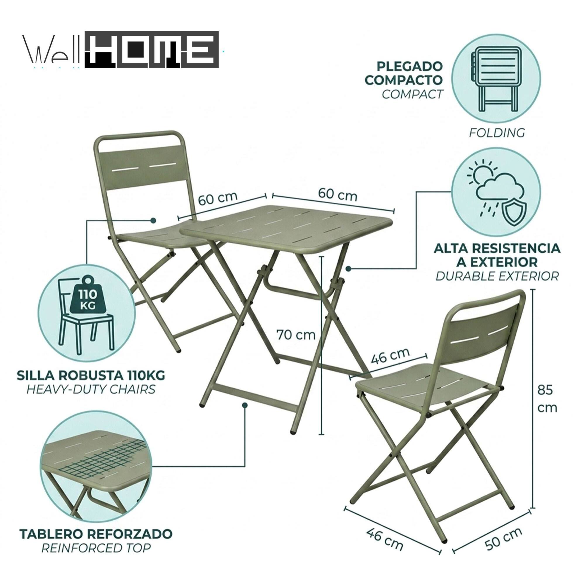 Set bistro 3pzs acero verde mate (mesa 60x60cm + 2 sillas plegables) estructura con recubrimiento en polvo-conjunto jardín, terraza y balcón