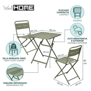 Set bistro 3pzs acero verde mate (mesa 60x60cm + 2 sillas plegables) estructura con recubrimiento en polvo-conjunto jardín, terraza y balcón