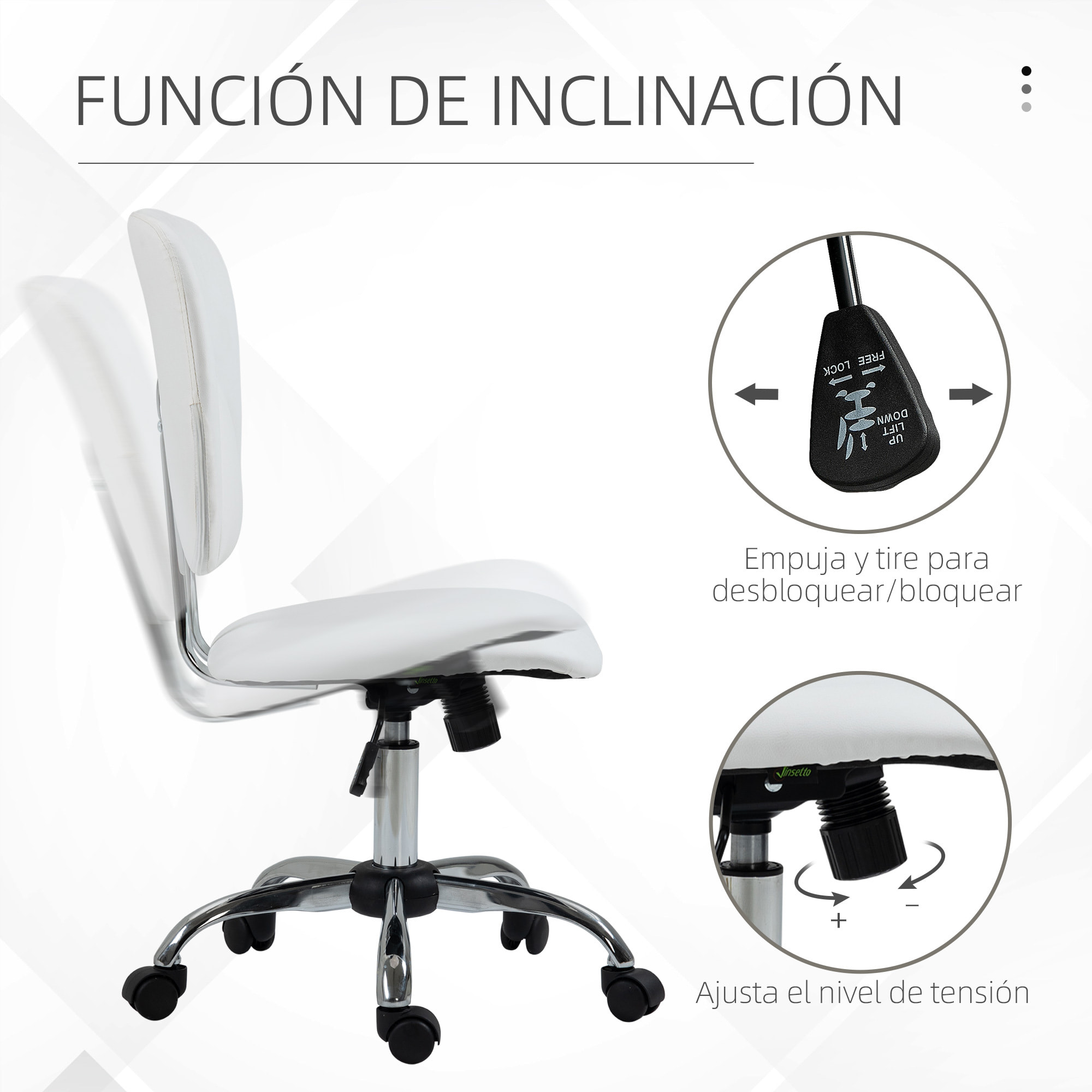 Silla de Oficina Silla de Escritorio Giratoria de Cuero PU con Altura Ajustable y Función de Inclinación para Salón Dormitorio Estudio Carga 120 kg 50x54x87,5-96,5 cm Blanco