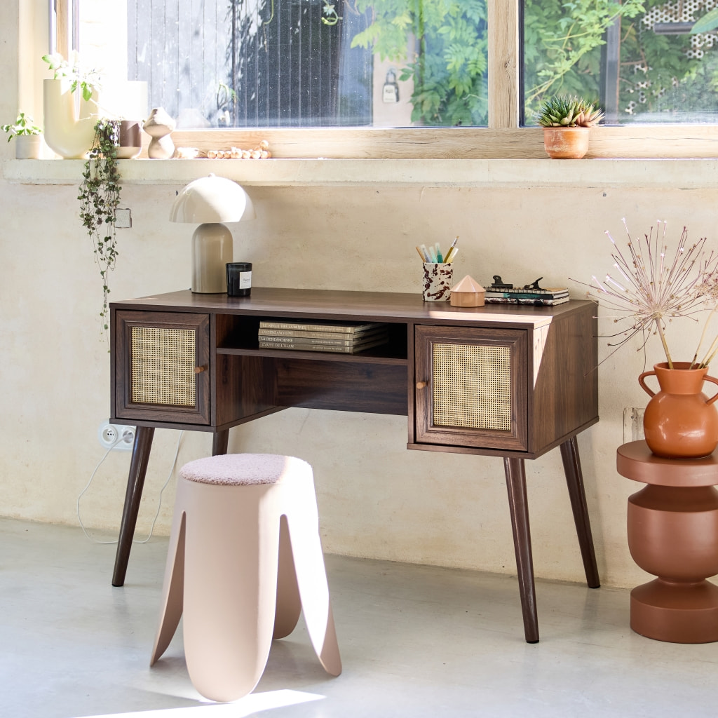 Bureau décor bois et cannage 2 portes BOHÈME