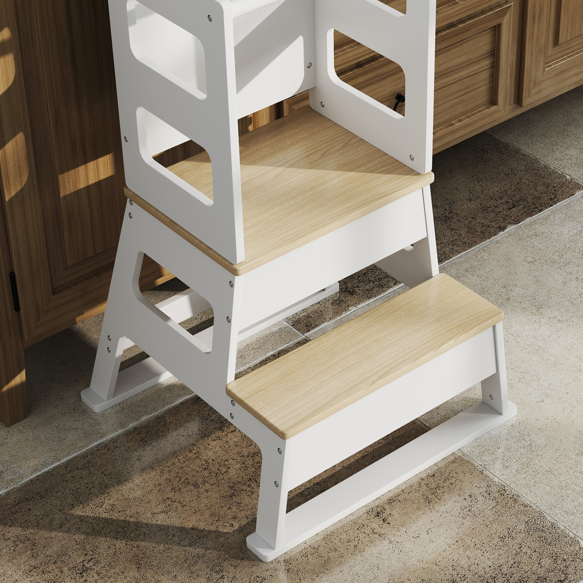 Torre de Aprendizaje 2 en 1 Taburete de Aprendizaje para Niños de +3 Años con Pizarra y Barrera de Seguridad para Baño Cocina 55x52,5x87,5 cm Blanco