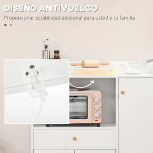 Aparador de Cocina para Microondas Armario Bajo de Cocina Mueble Auxiliar de Comedor con 3 Puertas Cajón y Compartimientos 90x30x94 cm Blanco