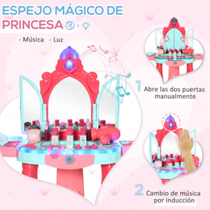 Tocador de Juguete para Niñas de +3 Años con Taburete Espejo Luz Música y Secador Incluye 31 Accesorios Tocador de Maquillaje 57x34x76 cm Multicolor