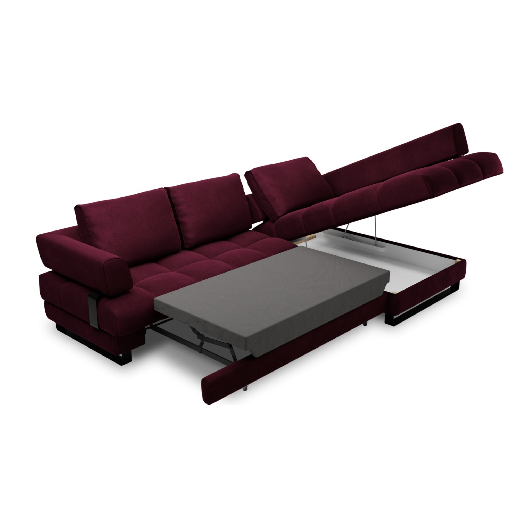 Canapé d'angle droit convertible avec coffre de rangement "Clinton" 5 places en velours rouge foncé