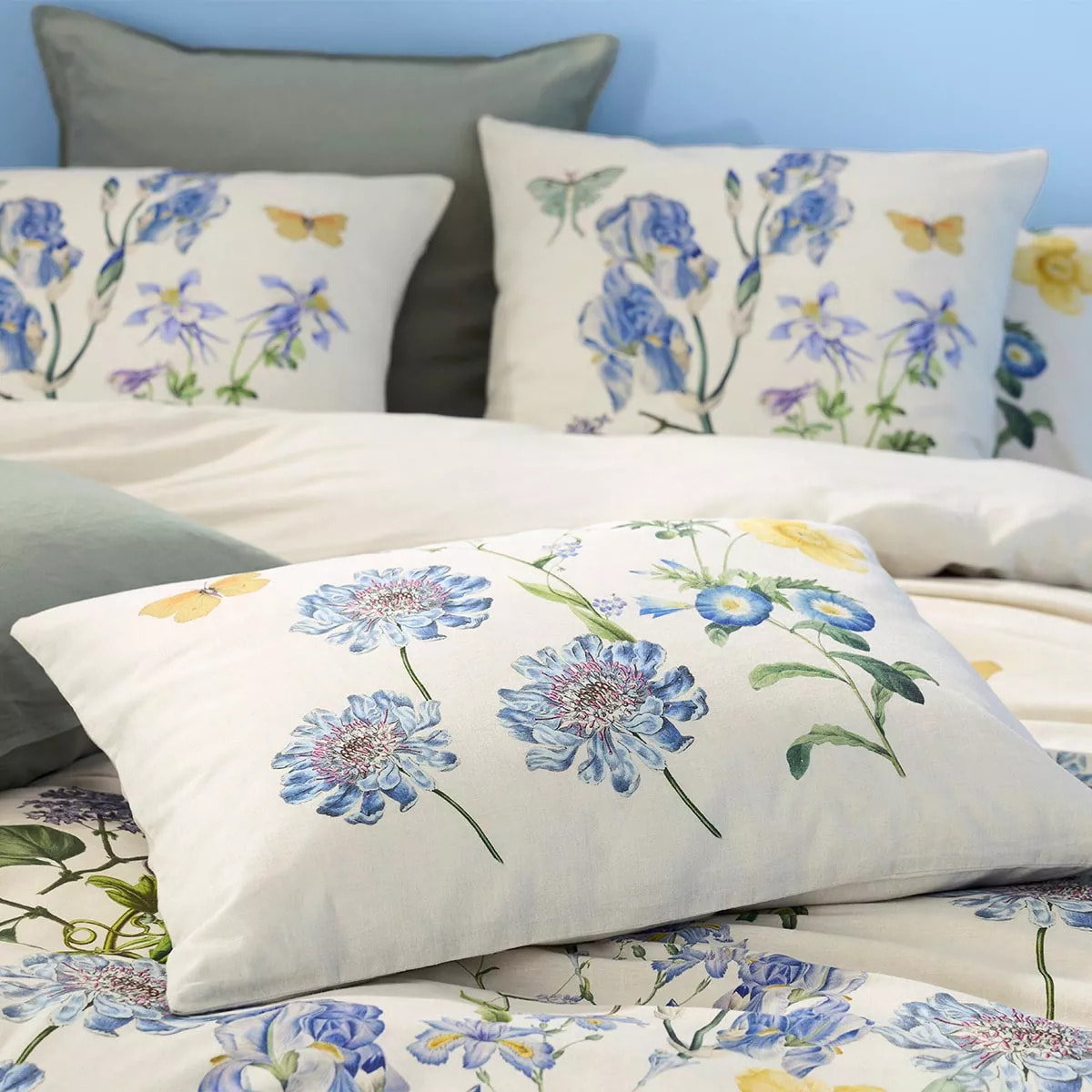 Taie d'oreiller lin & coton lavé 130 g/m² imprimé bleu jaune Iris d'ete naturel