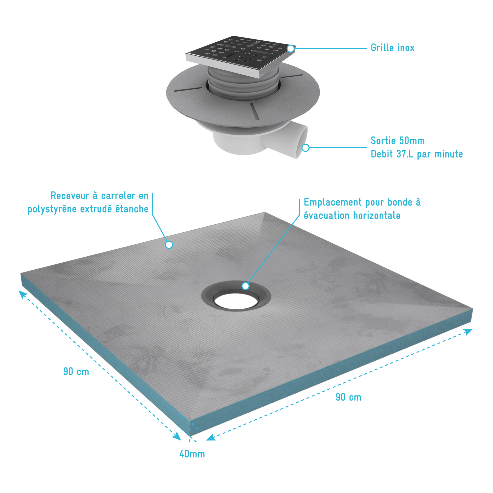 Receveur de Douche à Carreler 90x90 cm avec Bondes à Sortie Horizontale - Grille Inox