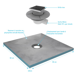 Receveur de Douche à Carreler 90x90 cm avec Bondes à Sortie Horizontale - Grille Inox