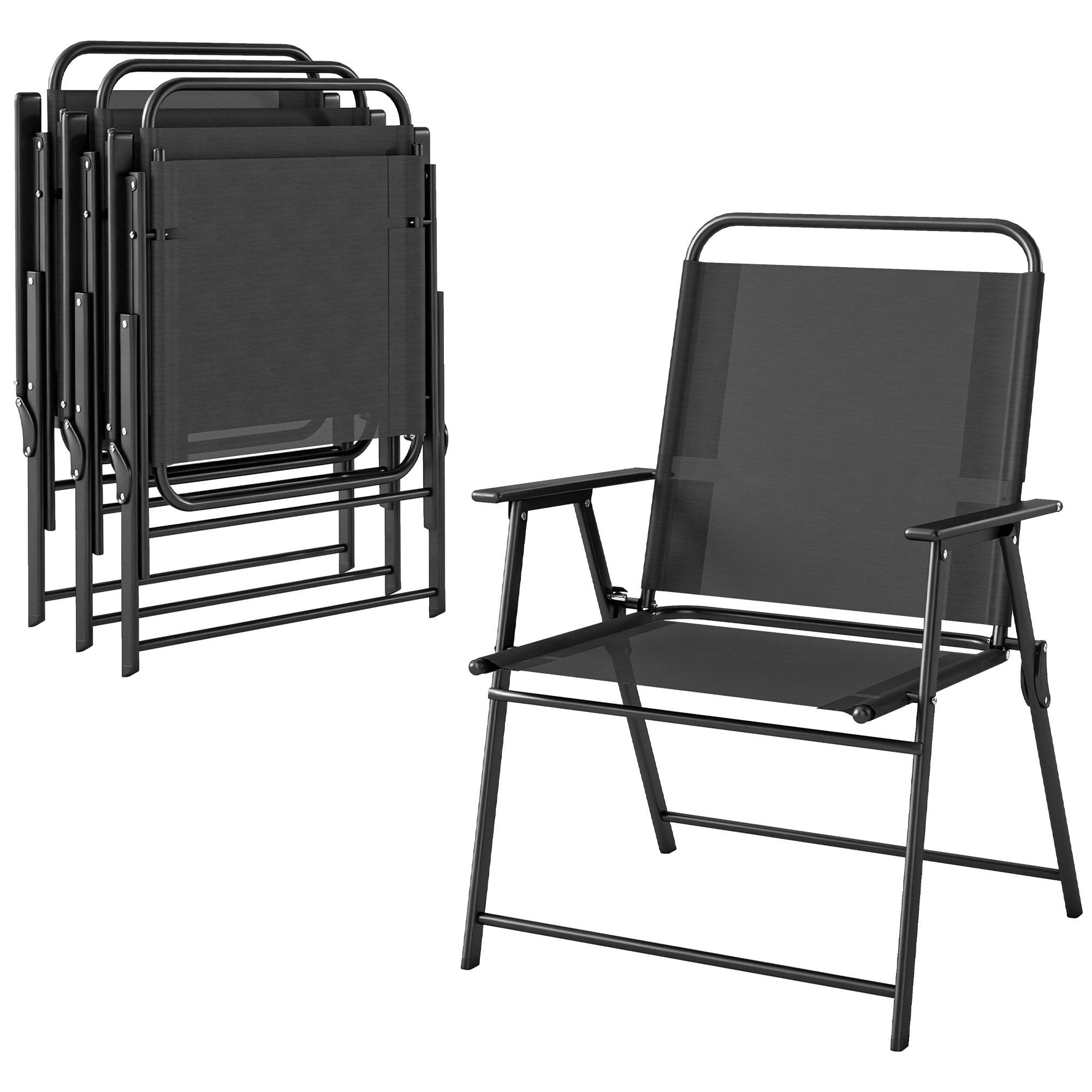 Pack de 4 Sillas de Camping Plegables, Sillas de Jardín Exterior con Respaldo Alto, Asiento Ancho y Reposabrazos, Tela Textilene Transpirable y Marco de Acero para Terraza, 65x60x94 cm, Negro