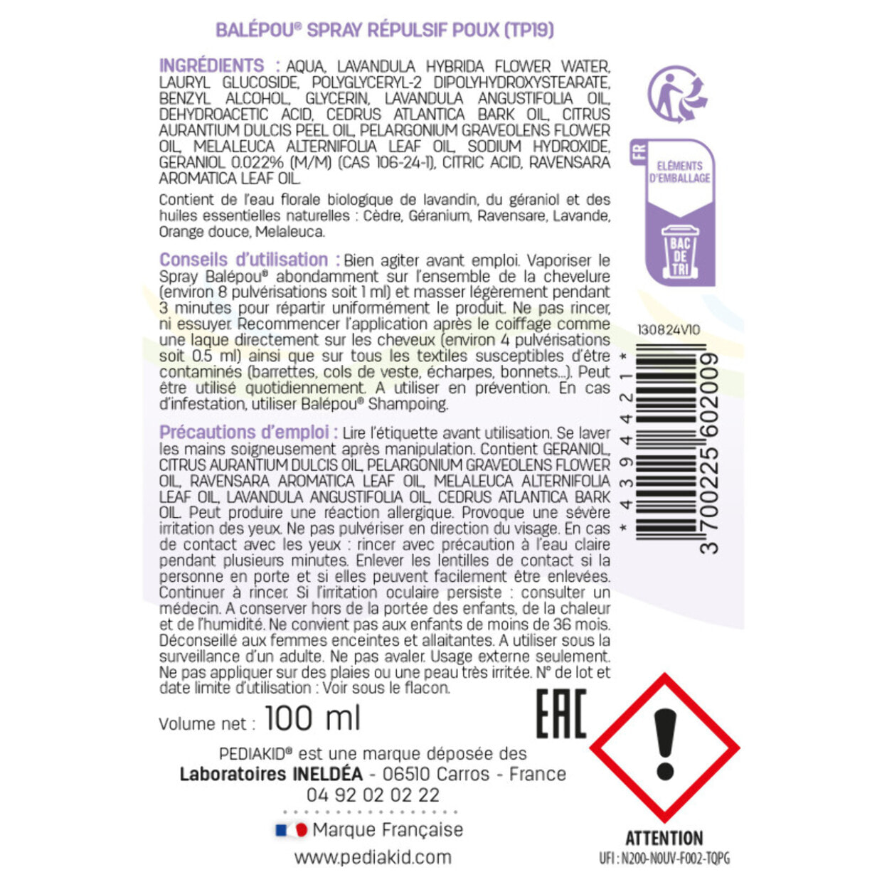 PEDIAKID - Balépou Spray - Action Répulsive contre les Poux - Huiles Essentielles BIO - Spray de 100ml - Lot de 3 produits