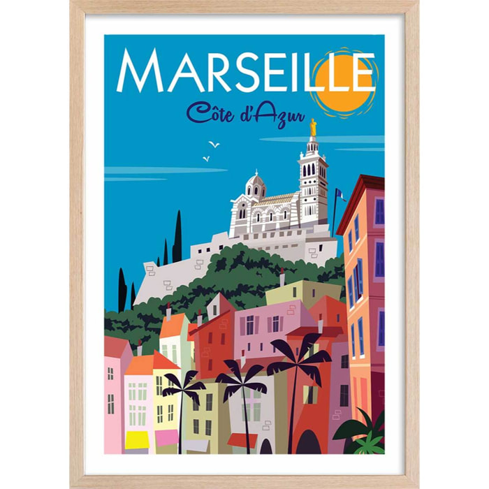 Affiche Vintage Marseille Affiche + cadre en bois - Chêne