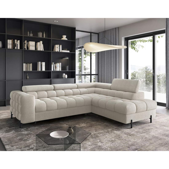 Elisa - canapé d'angle droit 5 places convertible avec coffre et têtières réglables en tissu bouclette - Beige