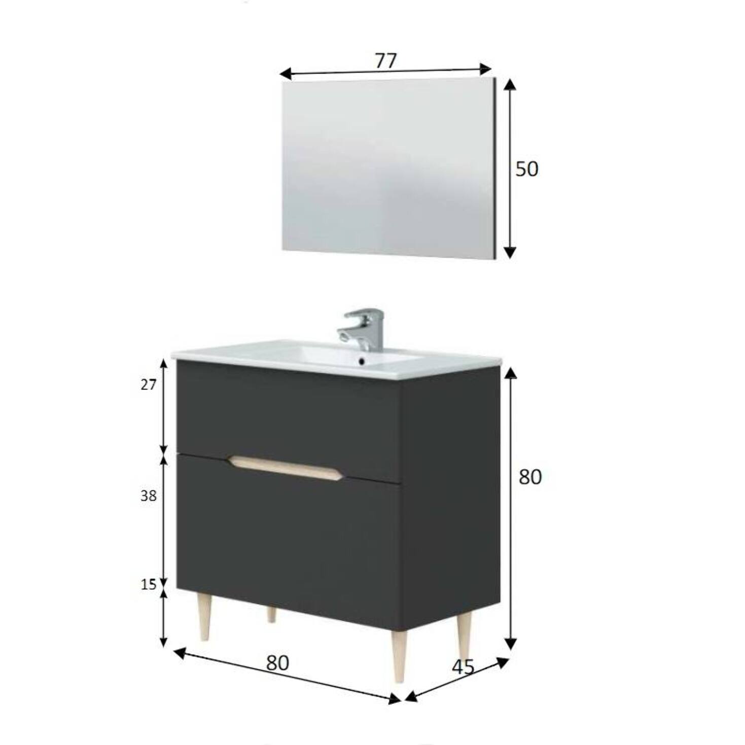 Mobile sottolavabo Avona, Sotto lavabo bagno, Mobiletto da bagno con specchio, Lavabo non incluso, 80x45h80 cm, Antracite e Rovere