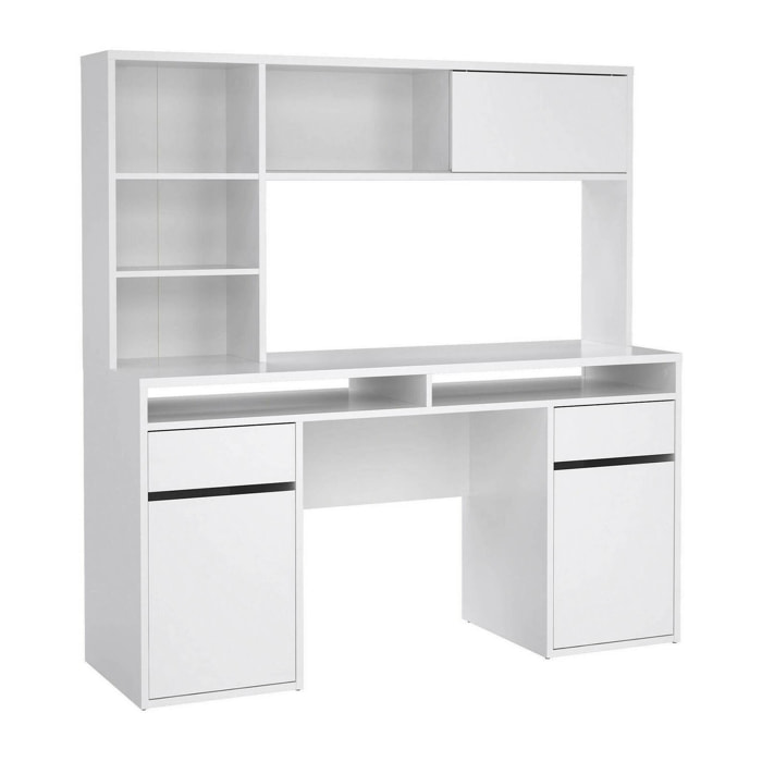 Scrivania Ambrenti, Scrittoio multiuso, Tavolo per ufficio porta PC, Piano di lavoro, 149x48 h156 cm, Bianco lucido
