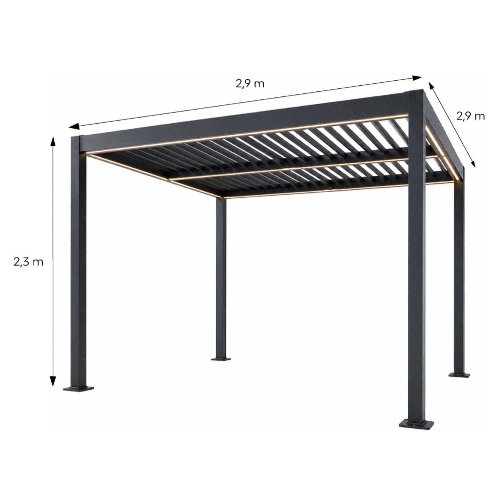 Pergola bioclimatique à LED 3x3m structure aluminium lames orientables MILL