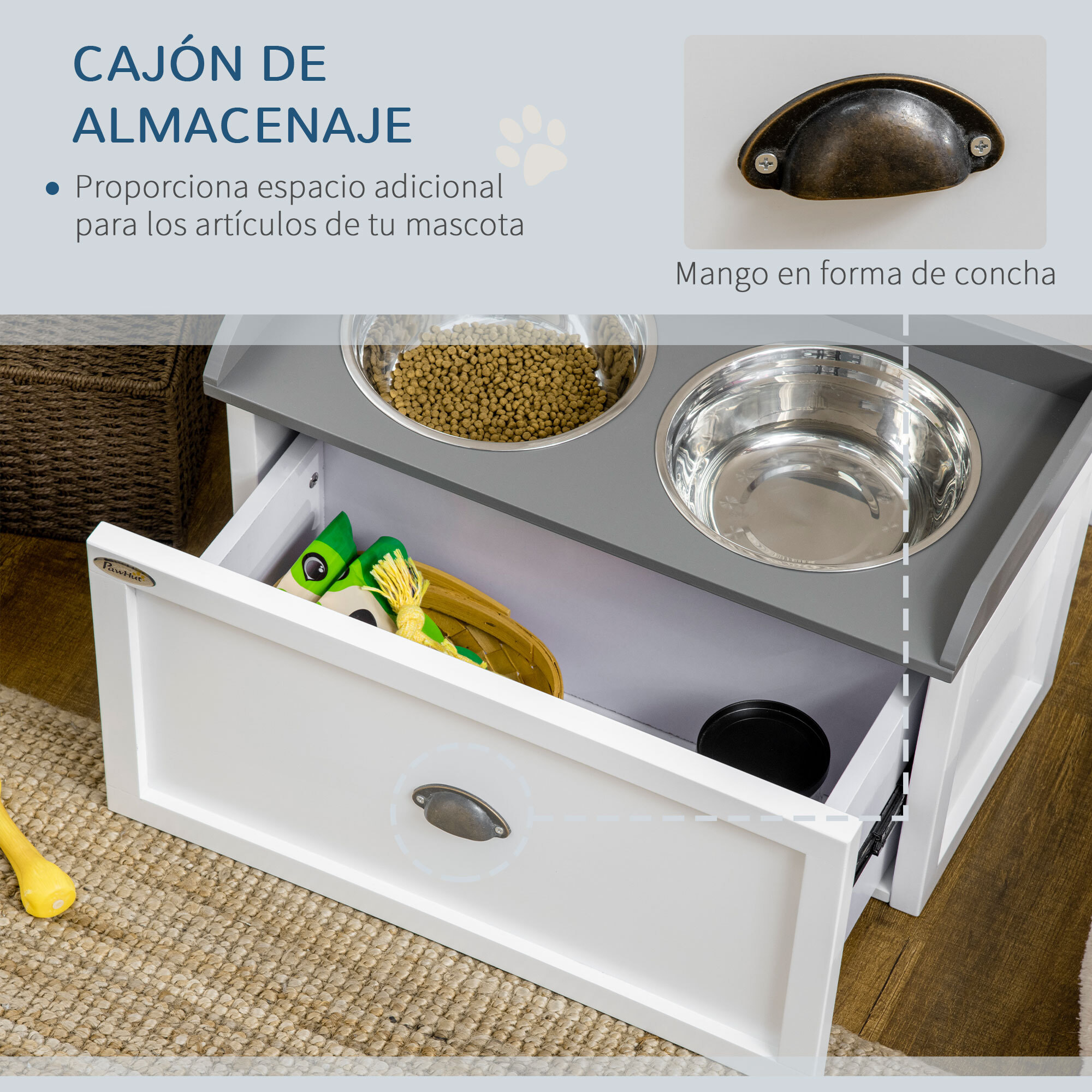 Comedero Elevado para Perros Grandes Cuencos para Perros con 2 Tazones 2000ml de Acero Inoxidable y Cajón Oculto Soporte de Madera para Mascotas 60x30x36 cm Blanco