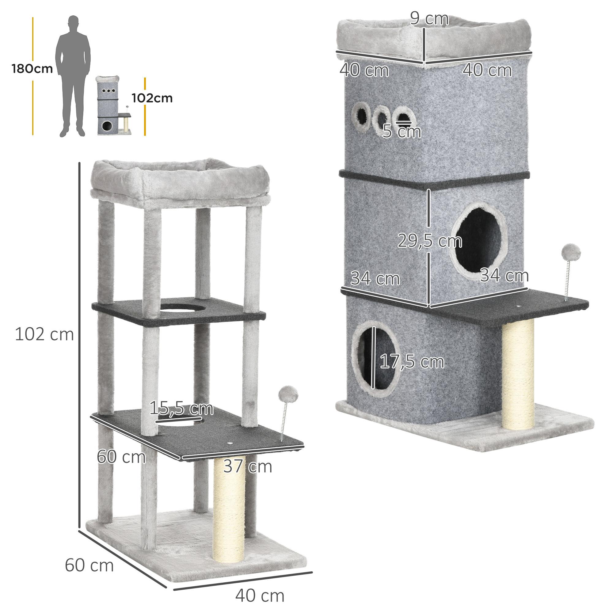 Barril Rascador para Gatos de 3 Niveles Altura 102 cm con Poste de Sisal y Bola