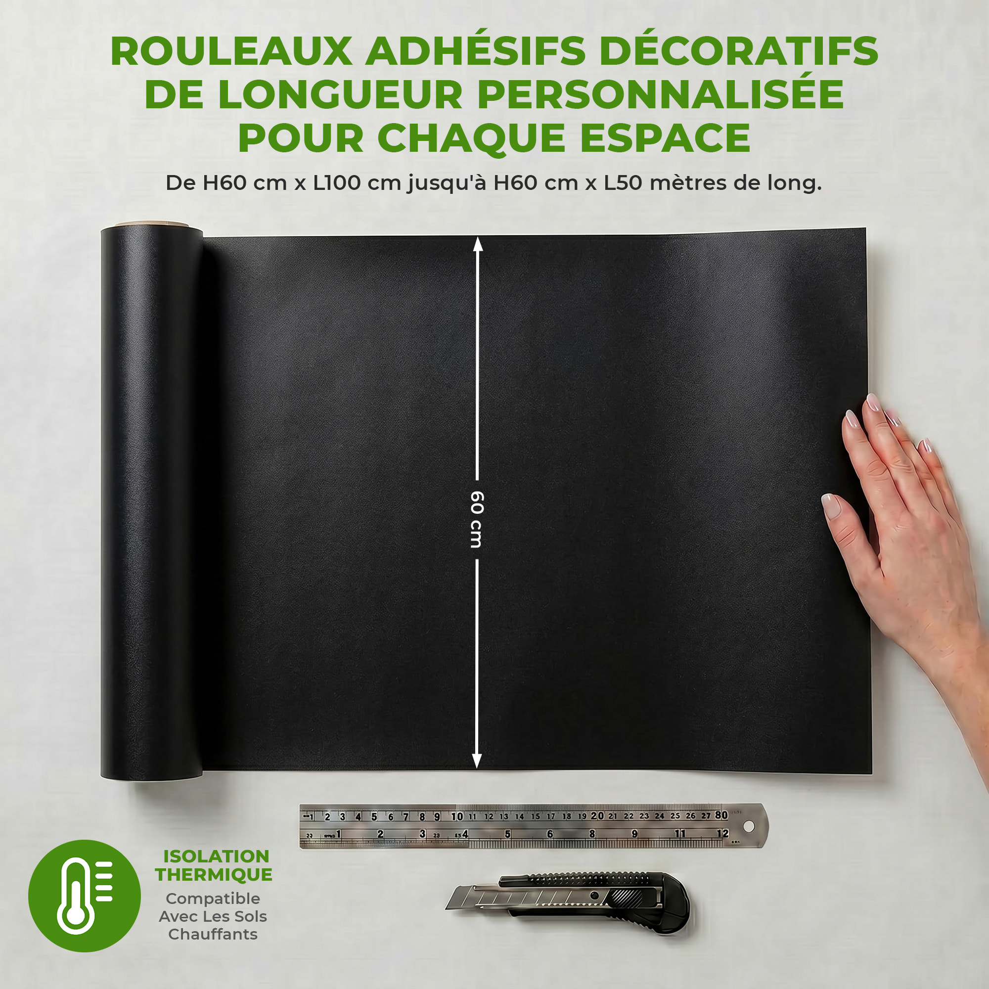 Rouleau adhésif décoratif Vinyle au Mètre - Noir - Sticker Lavable Imperméable Mur Cuisine Meubles