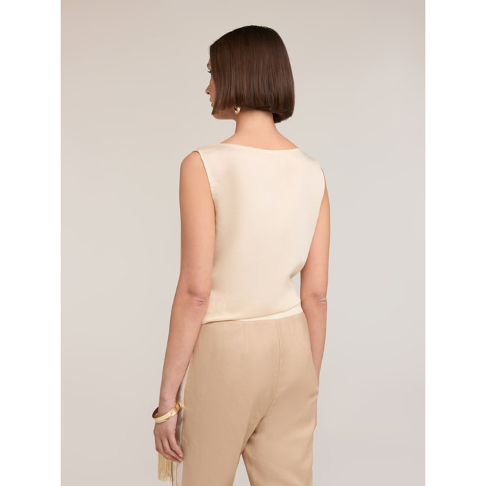 Motivi - Top de voile con nudo y flecos - Beige